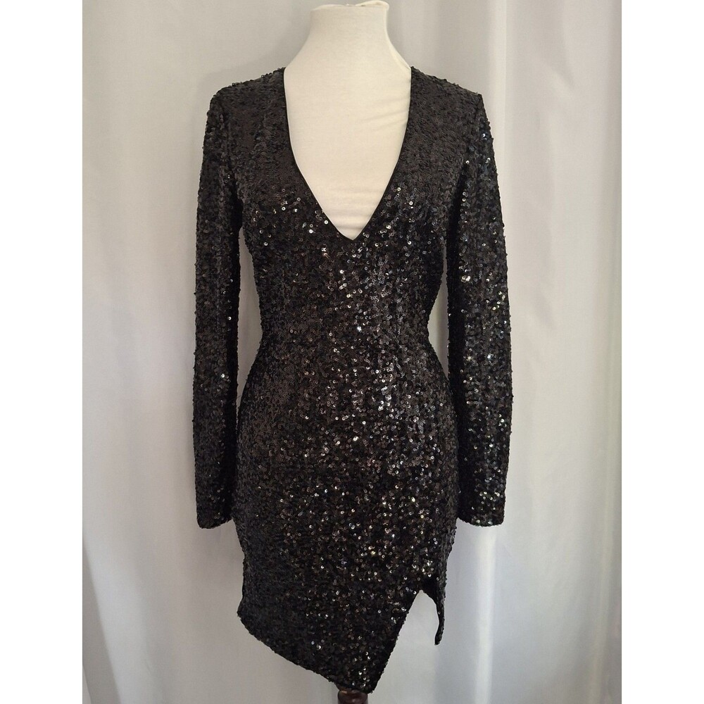 Vtg bebe Y2K Black sequined mini dress Deep v neck assymentical hem Bodycon SzSP